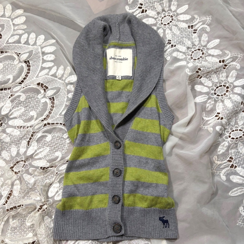 Y2K Abercrombie & Fitch Gray Lime Green Striped Shawl Collar Button Front Vest M
